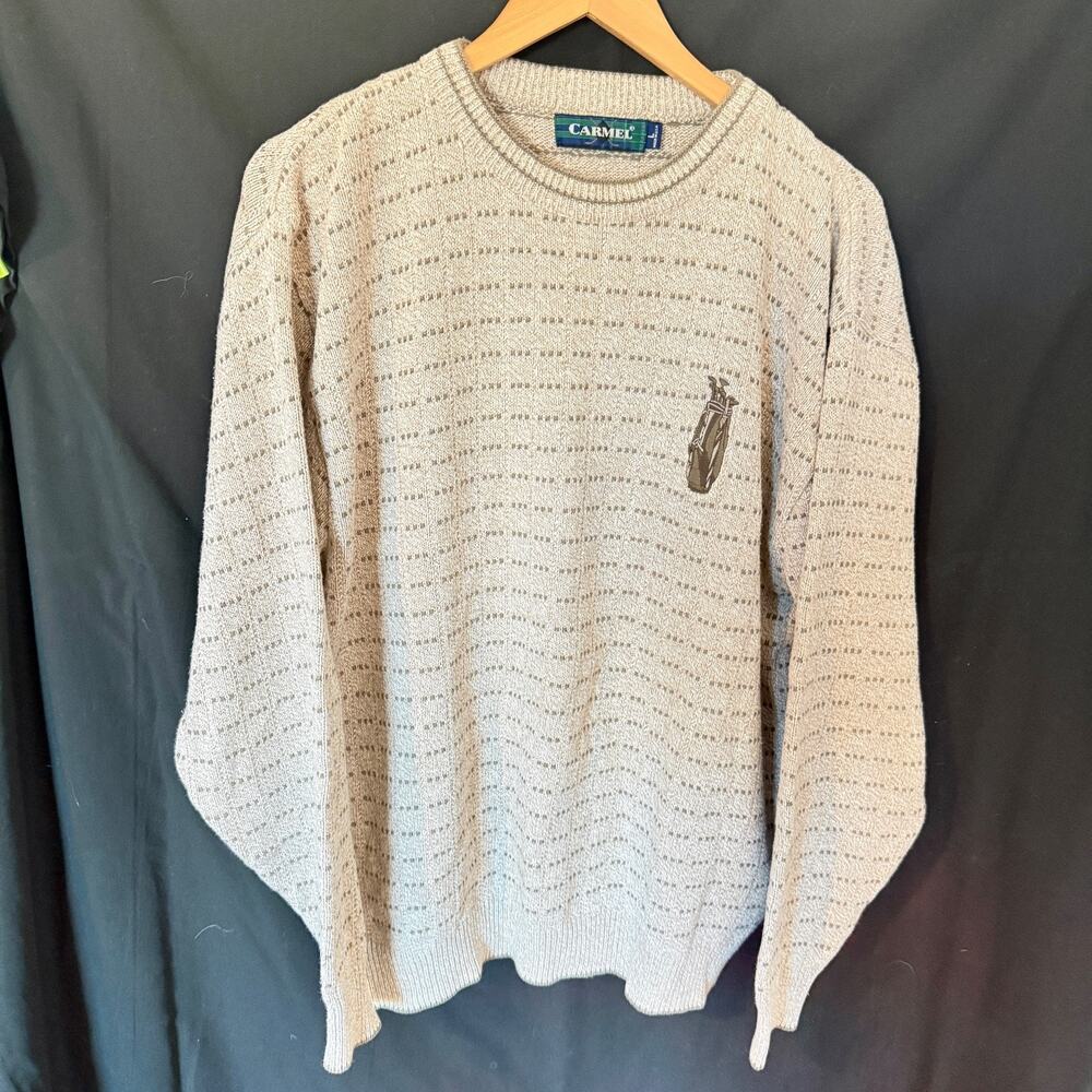 Vintage Style Carmel Sweater Mens Large Beige Golf Bag Embroidery Made in USA